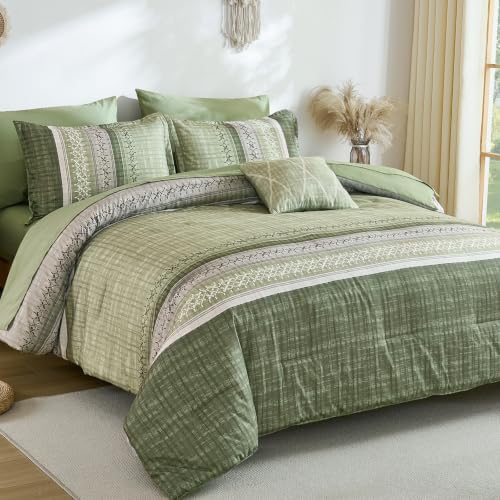 Dintszyayue Sage Green King Comforter Size Set, 8 Pieces Striped Boho Texture Bed in a Bag Sets, Lightweight Soft Bohemian Comforter and Sheet Set, All Season Microfiber Bedding Sets for Men Women