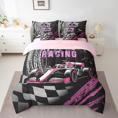 Girls Race Car 7 Pieces Bedding Set Full Bed in a Bag,Women Racing Game Comforter Set with Comforter,Flat,Fitted Sheet,Pillowcases,Pillow Covers,3D Pink Race Car Soft Warm Microfiber Bedding