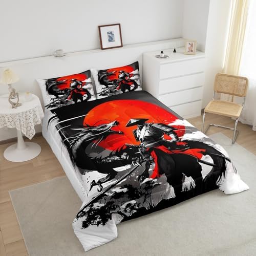 Feelyou Kids Samurai Comforter Set Full Size, Japanese Samurai Bedding Set Warrior Bushido Comforter for Boys Girls Black Dragon Duvet Insert Microfiber Bed Set