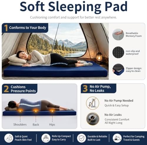 CYMULA Memory Foam Camping Mattress Pad,Sleeping Pad for Camping,Non-Slip Bottom Floor Car Mattress Bed with Retaining Portable Roll up Mattress Pad Mat for Travel Truck Guest Bed Tent