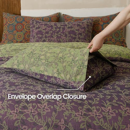 BISELINA 100% Cotton Muslin Duvet Cover Set Queen, 3 Pcs Yarn-Dyed Jacquard Textured Reversible Botanical Design, Soft and Breathable Bedding Set with Zipper Closure, Violet Green