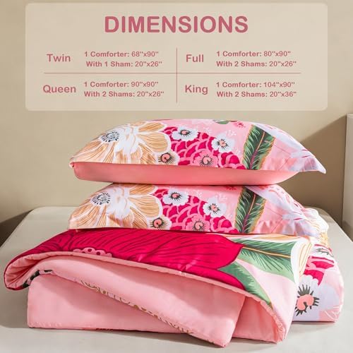 Tyrot Pink Boho Floral King Comforter Set - 3 Piece Coquette Cute Botanical Bedding Comforter Sets for Women Girls, Soft Lightweight Mid Century Bed Set, (1 Reversible Comforter and 2 Pillow Shams