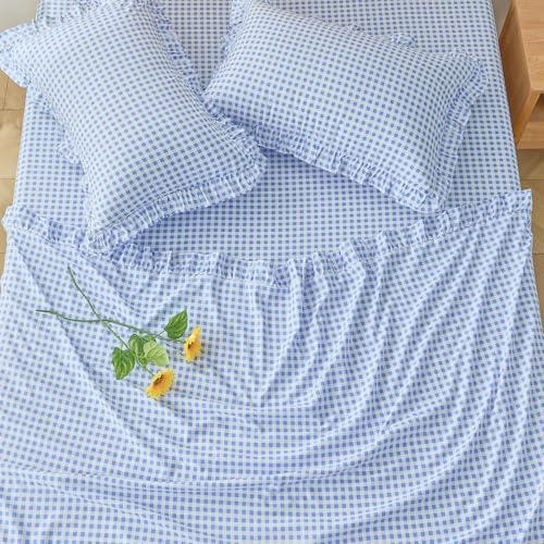 Gingham Queen Sheet Set, Lightweight Super Soft Brushed Microfiber Plaid Bed Sheets with 16" Deep Pocket, 4 Piece Ruffle Farmhouse Bedroom Decor, Blue