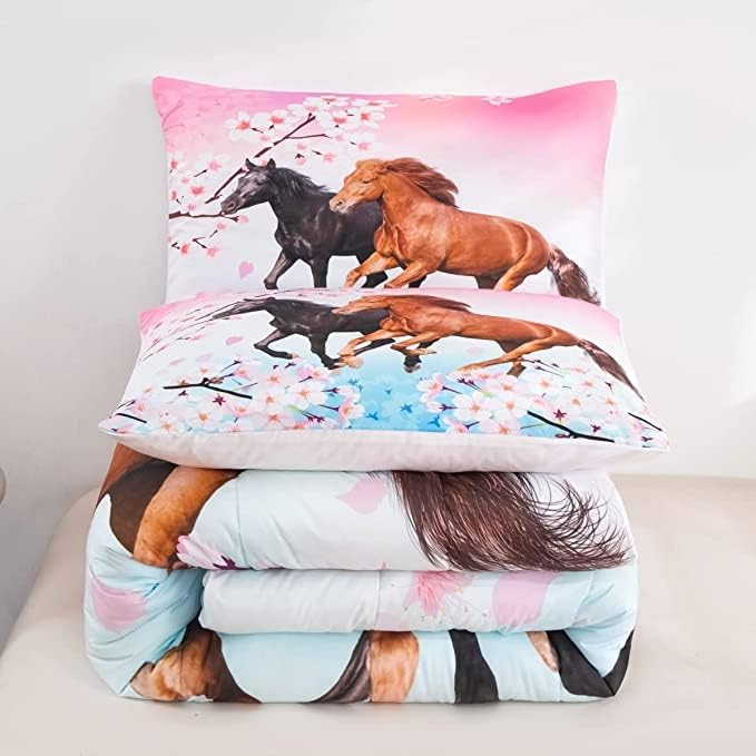 Feelyou Girls Horse Comforter Set King Size Chic Pink Cherry Blossom Bedding Set for Horse Lover Gift Farmhouse Comforter 3D Wild Animal Quilted Bedroom Decor 3Pcs