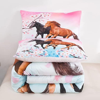 Feelyou Girls Horse Comforter Set King Size Chic Pink Cherry Blossom Bedding Set for Horse Lover Gift Farmhouse Comforter 3D Wild Animal Quilted Bedroom Decor 3Pcs