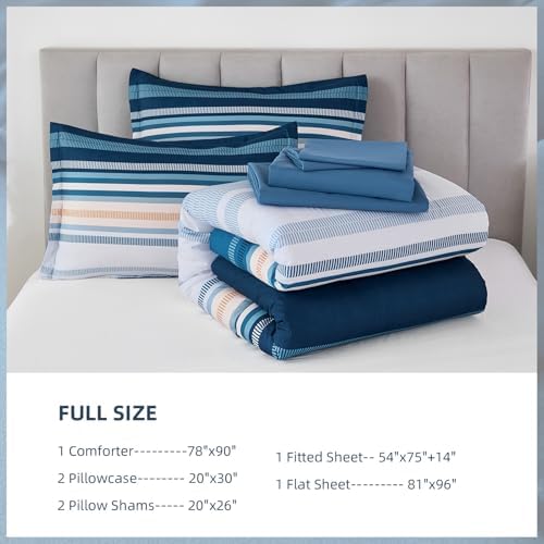 Dobuyly Blue Comforter Full Size Set 7 Piece, Boho Striped Bed in a Bag Full Soft Microfiber All Season Bedding Set with Comforter, Sheets, Pillowcases & Shams