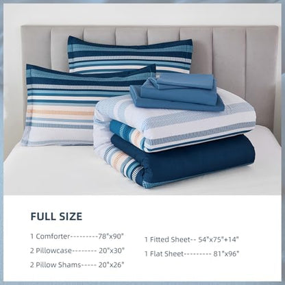 Dobuyly Blue Comforter Full Size Set 7 Piece, Boho Striped Bed in a Bag Full Soft Microfiber All Season Bedding Set with Comforter, Sheets, Pillowcases & Shams