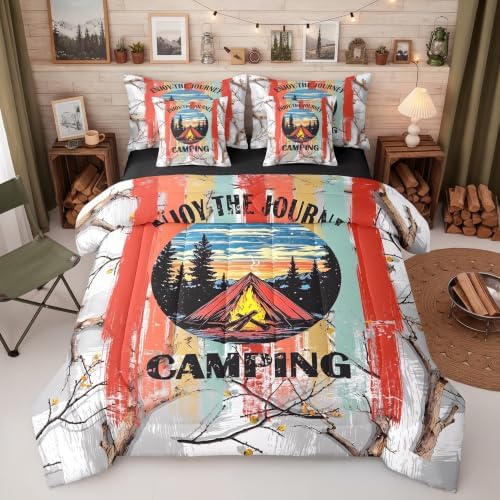 Erosebridal 7 Piece RV Bunk Bed Comforter Set King for Camper,Happy Camping Bedding Set with Sheets for Kids Adults,Travel Trailer Decor Rustic Cabin Country Bed in a Bag with Fitted+Flat Sheet