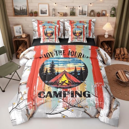 Erosebridal 7 Piece RV Bunk Bed Comforter Set King for Camper,Happy Camping Bedding Set with Sheets for Kids Adults,Travel Trailer Decor Rustic Cabin Country Bed in a Bag with Fitted+Flat Sheet
