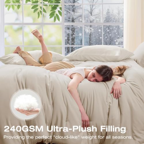 Sasttie Full Comforter Set 7-Piece Beige, Pre-Washed Bed in a Bag