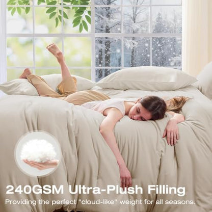 Sasttie Full Comforter Set 7-Piece Beige, Pre-Washed Bed in a Bag