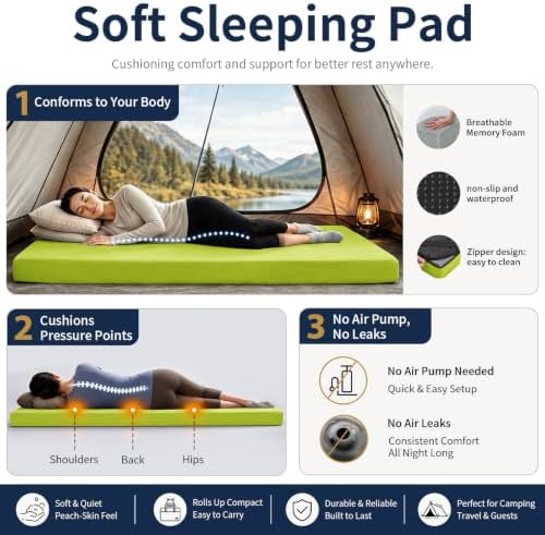 CYMULA Memory Foam Camping Mattress Pad,Sleeping Pad for Camping,Non-Slip Bottom Floor Car Mattress Bed with Retaining Portable Roll up Mattress Pad Mat for Travel Truck Guest Bed Tent