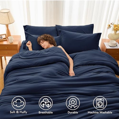 MUXHOMO 7 Pieces Oversized Queen Comforter Set, Soft Bed in a Bag Oversized Queen Size, All Season Bedding Set with Comforter, Flat Sheet, Fitted Sheet, Pillowcases & Shams, Navy Blue