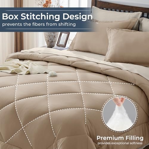 HEVUMYI 7-Piece Queen Comforter Set, Khaki & Linen Bed in a Bag