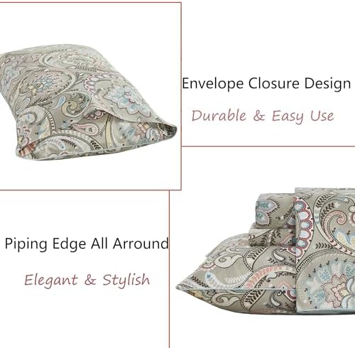 FADFAY Paisley Sheets Set Full Vintage Floral Bedding Set 100% Egyptian Cotton Soft Breathable Bed Sheets Luxury 17.7“ Deep Pocket Fitted Sheet Shabby Beige Boho Style for All Season, Full Size