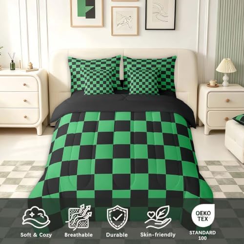 Feelyou Checkered 7 Piece Bedding Set Teen Green Black Plaid Comforter Set with Sheets Twin Size Kids Boys Cute Retro Neutral Checkerboard Geometric Bed in a Bag Vintage Aesthetic Room Decor