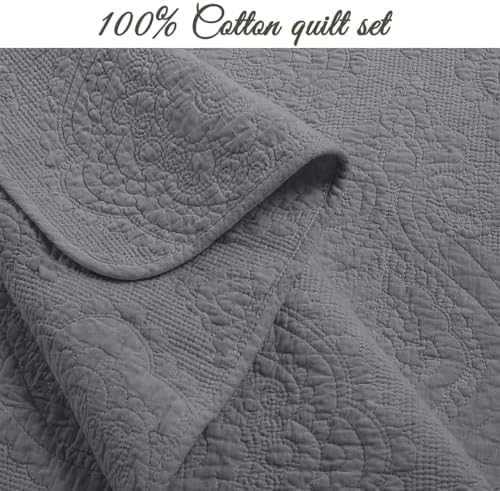 Cozy Line Home Fashions Charcoal Gray Cotton Quilt Set – 3-Piece Solid Textured Quilted Bedspread with Shams, Lightweight All Season Modern Bedding (Medallion - Grey, King - 3 piece)