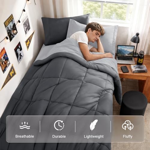 JOLLYVOGUE Twin XL Comforter Set, Ultra-Soft Bed in a Bag Twin XL Size 5 Pieces, Oeko-TEX Certified Bedding Set with Down Alternative Comforter, Sheets, Pillowcases & Shams, Dark & Light Grey