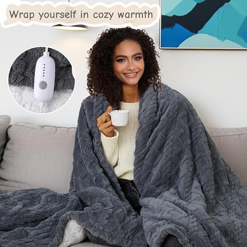 Electric Heated Blanket Throw Size 50"x60", Ultra Soft Sherpa Fleece, 5 Heat Levels & 3-Hour Auto-Off, Fast Heating for Cozy Winter Comfort, for Office & Chair, Dark Gray
