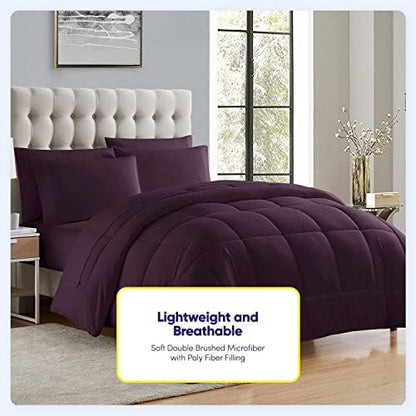 Sweet Home Collection 5 Piece Comforter Set Bag Solid Color All Season Soft Down Alternative Blanket & Luxurious Microfiber Bed Sheets, Purple, Twin XL
