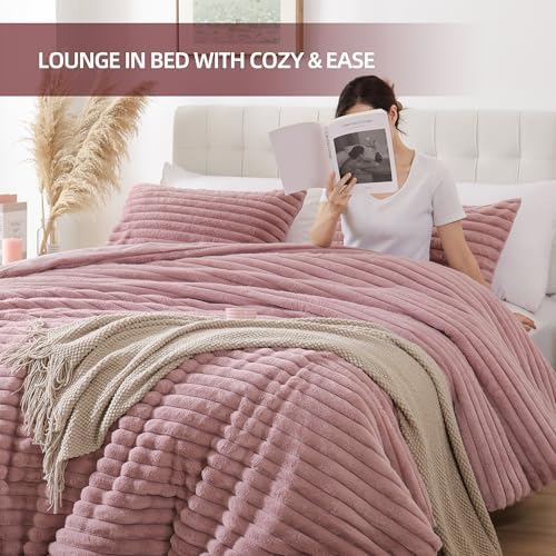 Smoofy Fluffy King Size Comforter 3 PCS - Old Pink Fleece Bedding Set