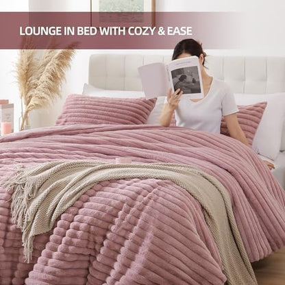 Smoofy Fluffy King Size Comforter 3 PCS - Old Pink Fleece Bedding Set