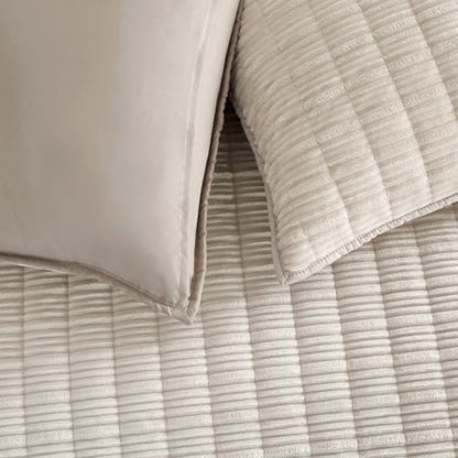 Wonderful Corduroy Texture Beige Quilt Set Queen - Hypoallergenic Skin-Friendly Soft Plush Velvety Touch Bedspread, Classic Vertical Striped Lightweight Coverlet for All Season, 106"x94"