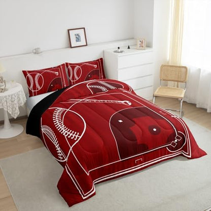Erosebridal Kids Sports Full Comforter Set for Boys Baseball Bedding Set, Black Reversible Bedding Comforter Sets Ball Game Duvet Set, Baseball Field Quilted Comforter, Ultra Soft Cozy