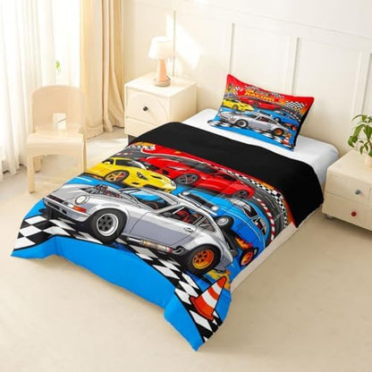 Feelyou Boys Race Car Kids Comforter Set Toddler Size Speed Sports Car Bedding Set Racing Extreme Sports Duvet Quilt for Kids Boys Girls Bedroom Automobile Decor Microfiber Ultra Soft Breathable