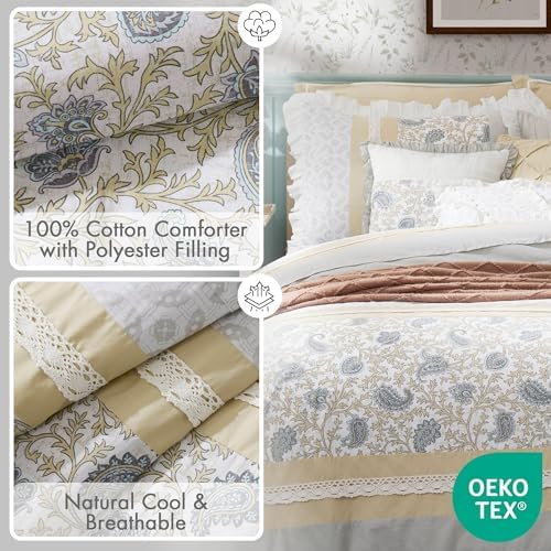 Madison Park 100% Cotton Quilt Set Floral Print, Double Sided Stitching, All Season, Lightweight Coverlet Shabby Chic Bedding Layer, Matching Shams, Full/Queen, Yellow 6 Piece