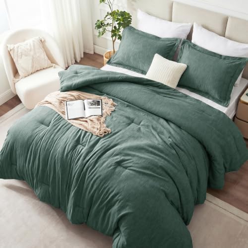 CozyLux King Size Comforter Set, Heathered Dark Green 3 Pieces Bedding Sets
