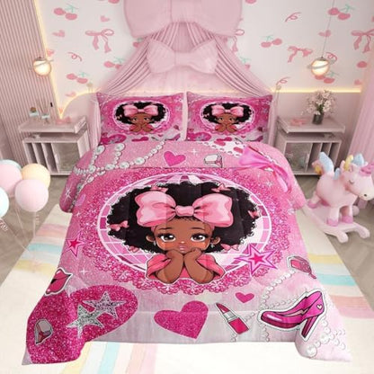 Manfei Black Princess Girly Comforter Set Full Size,High-Heeled Shoes Lip Bowknot Diamond Bedding Set,Girls Women Room Decor,African American Girls Down Comforter,Pink Cute Duvet Insert,2 Pillowcases