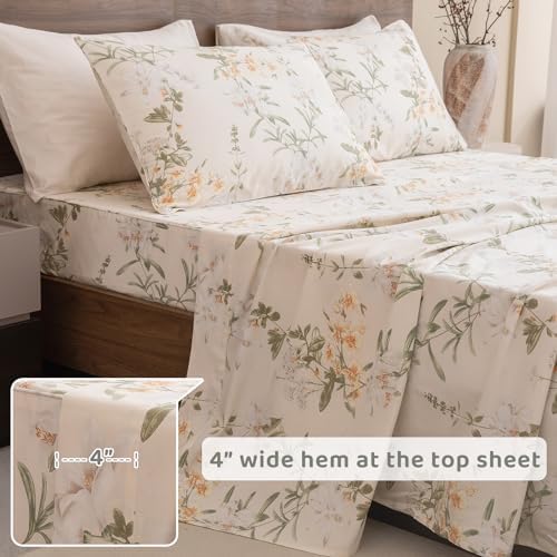QSH Floral King Size Sheet Sets - 100% Egyptian Cotton Floral Bedding Sheets Yellow Green Leaves Flower Pattern Printed Bedding King Size Bed Sheets 17.5" Extra Deep Pocket 4pcs