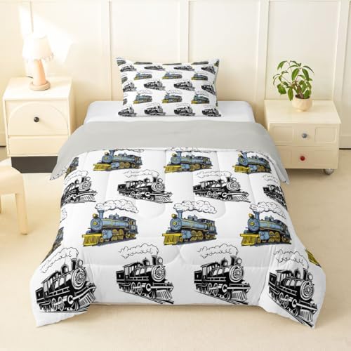 Feelyou Blue Vintage Train Comforter Set Toddler Size Retro Steam Locomotive Down Bedding Set for Kids Boys Girls Transportation Vehicles Duvet Quilt Bedroom Decor Microfiber 2 Pcs with 1 Pillow Case
