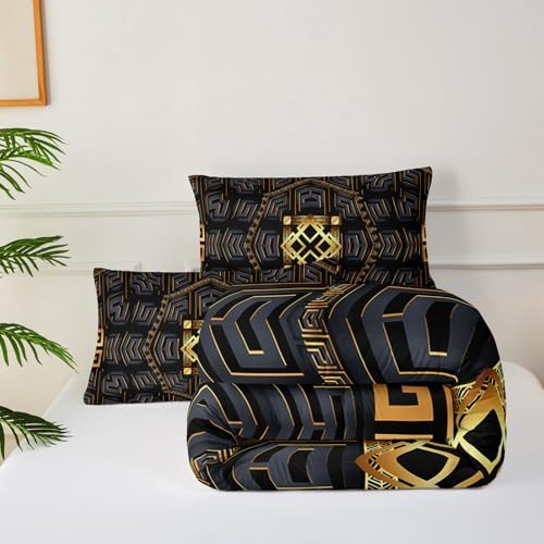 Black and Gold Plaid Comforter Set King，King Quilt Bedding Set Plaid，with 1 Comforter with 2 Pillow Case
