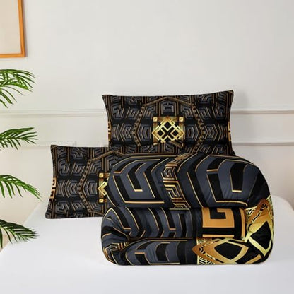 Black and Gold Plaid Comforter Set King，King Quilt Bedding Set Plaid，with 1 Comforter with 2 Pillow Case