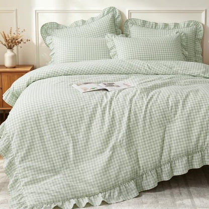 Nayoroom Green Ruffle Gingham Comforter Set Queen Plaid Checkered Bedding