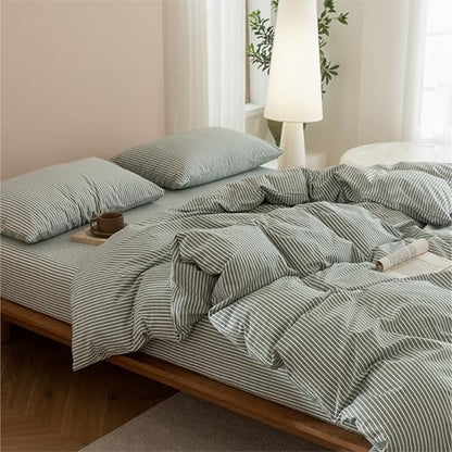 JIYUAN Oversized King Washed Cotton Duvet Cover Set, Linen-Like Pinstripe