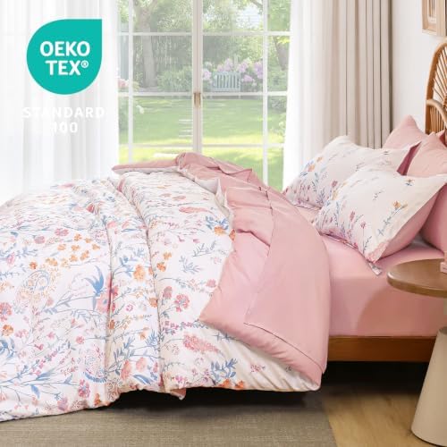 Yiran Pink Floral Comforter Set Full Size, 7 Piece Cute Comforters Bed in a Bag Blush Flower, Soft Coquette Cottagecore Aesthetic Botanical Bedding Set with Sheets for Women Teen Girls