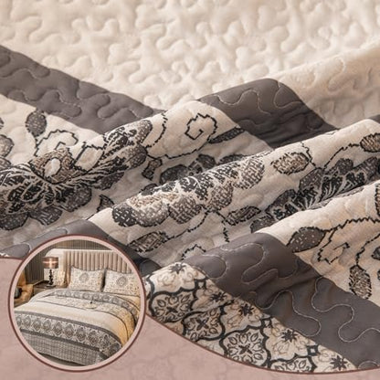 Nordic Style Queen Size Quilt Comforter Sets 3 Pieces Quilts (1 Quilt, 2 Pillow Shams) Nordic Bedding Set Printed Coverlet with Pillowcase Lightweight Bedspread Set for All Seasons(Grey)