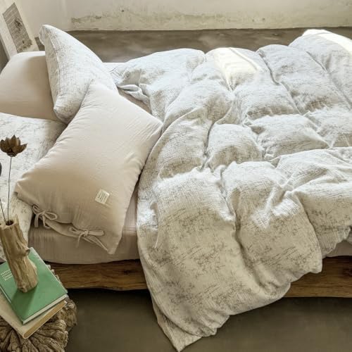 VM VOUGEMARKET Double Gauze Crinkled Cotton Duvet Cover Set Queen,Rustic Beige Ink Bamboo Botanical Print Duvet Cover with Romantic Bow Ties