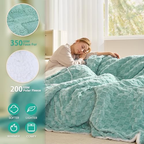 Heated Blanket Throw 50" x 60", Soft Cozy Checked, Sage Green