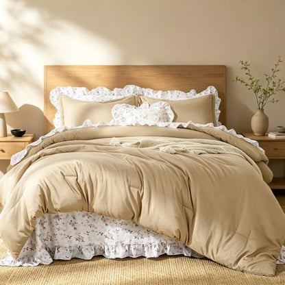 WONGS BEDDING 8PC Queen Comforter Set, Ruffle Comforter with Floral Sheets