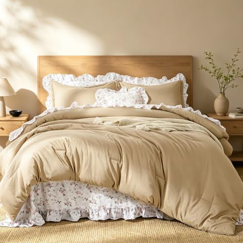 WONGS BEDDING 8PC King Comforter Set, Ruffle Comforter with Floral Sheets