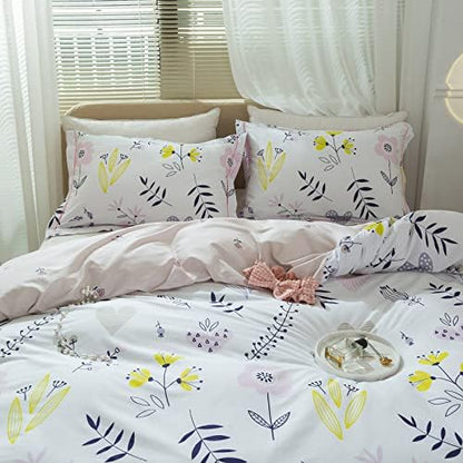 mixinni Garden Style Floral Duvet Cover Queen Size Teenage Girls Flower Leaf Print 3pc Soft Cotton Bedding Set Comforter Cover with Zipper Ties Perfect for Girls- (3pcs, Queen Size)