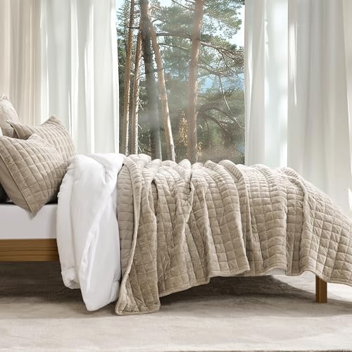 RECYCO Channel Box Stitch Velvet Quilt Set, Twin/Twin XL Size, Urban Taupe