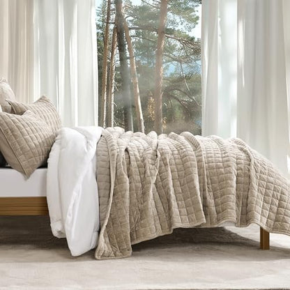 RECYCO Channel Box Stitch Velvet Quilt Set, Twin/Twin XL Size, Urban Taupe
