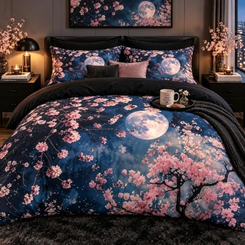 CCoutueChen Cherry Blossom Comforter Set Twin Size Kids Japanese Soft Bedding,2 Pcs Warm Microfiber Quilt Set with 1 Pillowcase/68 * 86