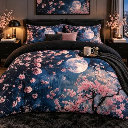 CCoutueChen Cherry Blossom Comforter Set Twin Size Kids Japanese Soft Bedding,2 Pcs Warm Microfiber Quilt Set with 1 Pillowcase/68 * 86