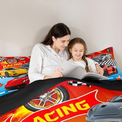 Feelyou Boys Race Car Bedding Set Soft for Boys Girls, Speed Sports Car Comforter Set Full Size Racing Duvet Quilt Microfiber Extreme Sports Bedroom Decor Automobile 3 Pcs with 2 Pillow Cases